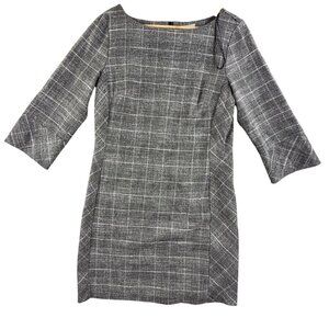 H&M Dress Womens Medium Gray Plaid Shift 3/4 Bell Sleeve Work Office Career New